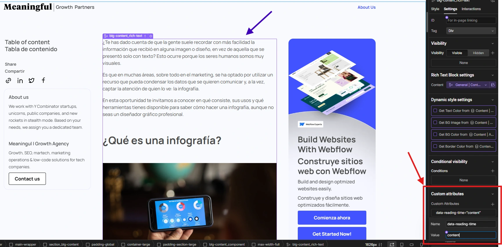 Webflow content reference with the data-reading-time attribute