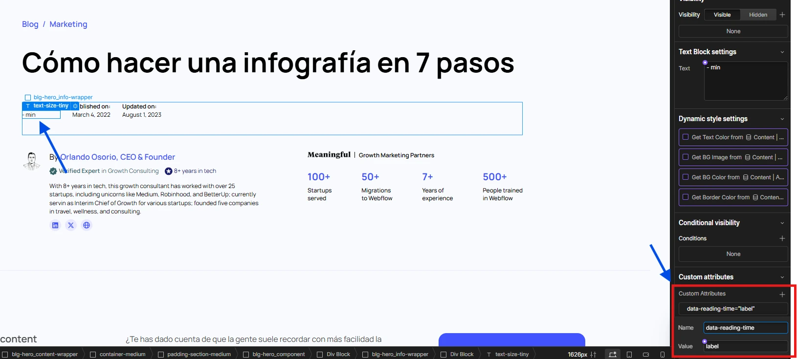 Webflow label reference with the data-reading-time attribute