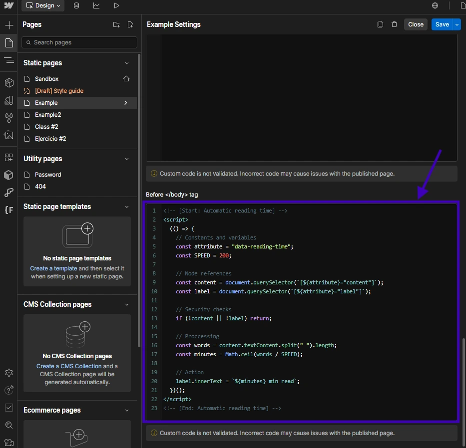 Webflow custom code pasted on the body section of the page settings